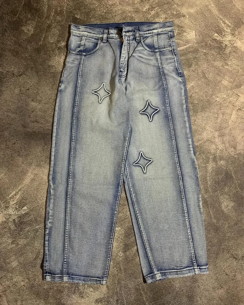 

High Street Y2K retro star letter embroidered fashionable loose jeans American hip-hop gothic Harajuku street men wide-leg pants