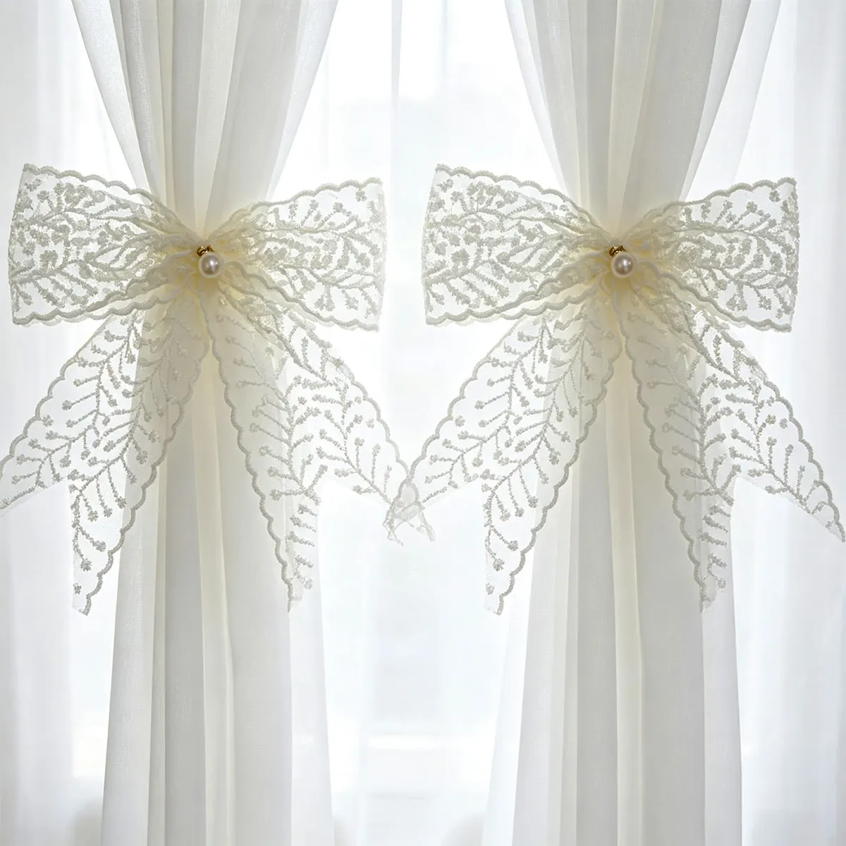 2Pcs Bowknot Curtain Tiebacks Curtain Holdbacks with Pearl Detail Window Drape Buckle for Home Room Decor Accessories