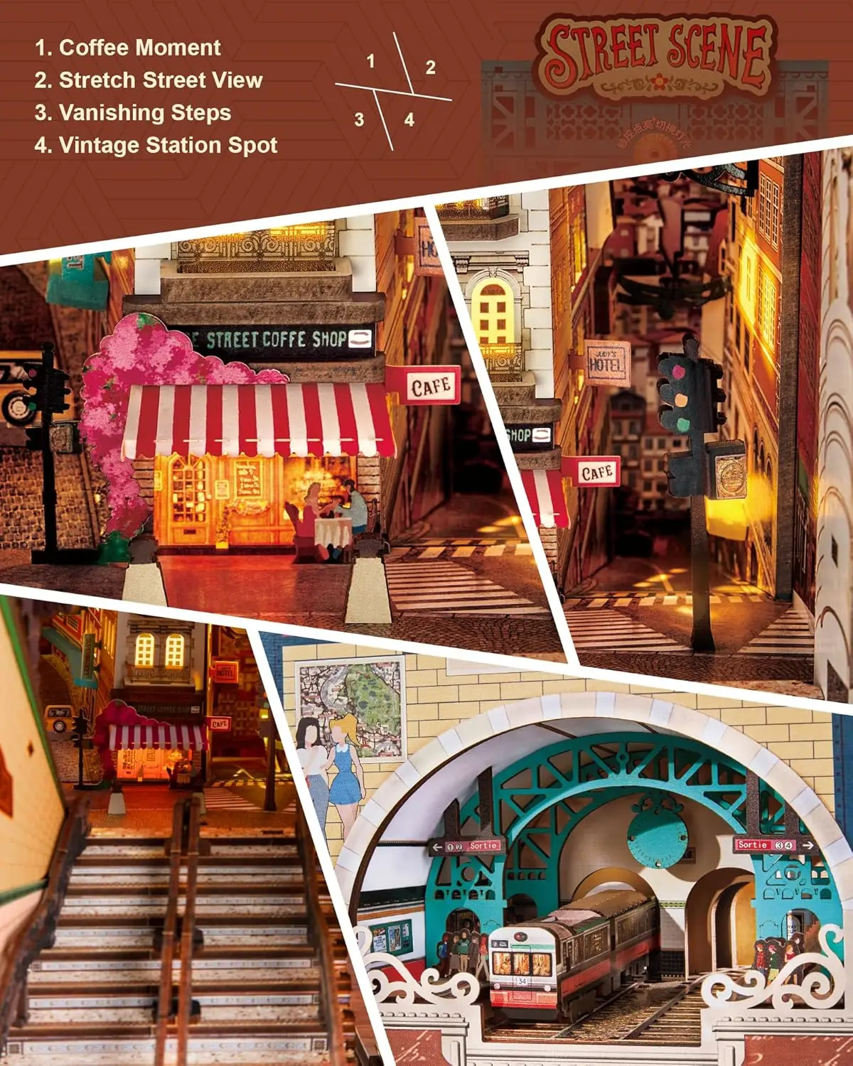 Robotime diy livro nook kits metrô urbano cena de rua casa em miniatura kits 3d quebra-cabeça de madeira booknook presente decorativo para adultos
