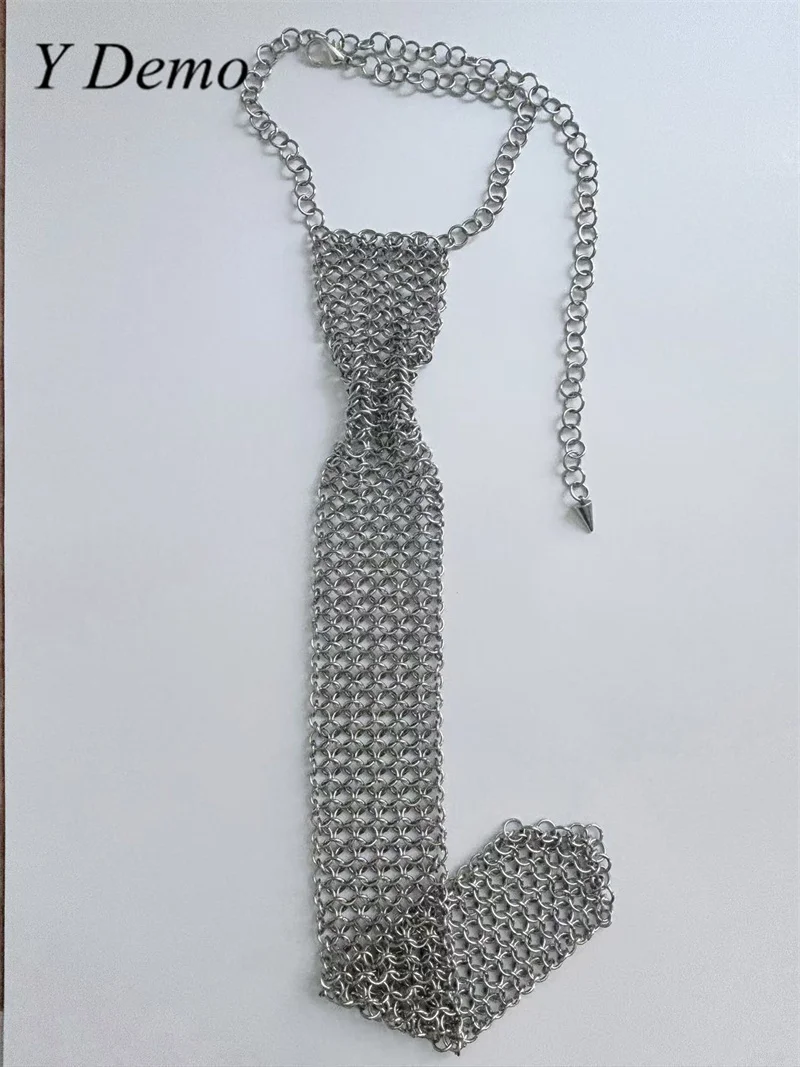 Y Demo Techwear Chainmail Gargantilla ajustable Plata Punk Círculos mentais Corbata de cuello largo