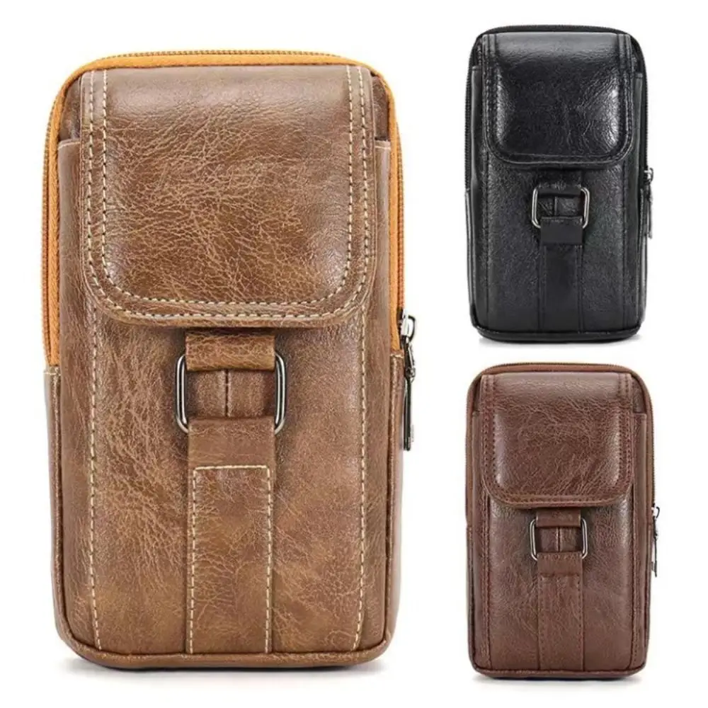 

Винтажная кожаная поясная сумка из искусственной кожи, водонепроницаемая с поясным крючком, поясная сумка для мобильного телефона, многослойная нагрудная сумка для мужчин