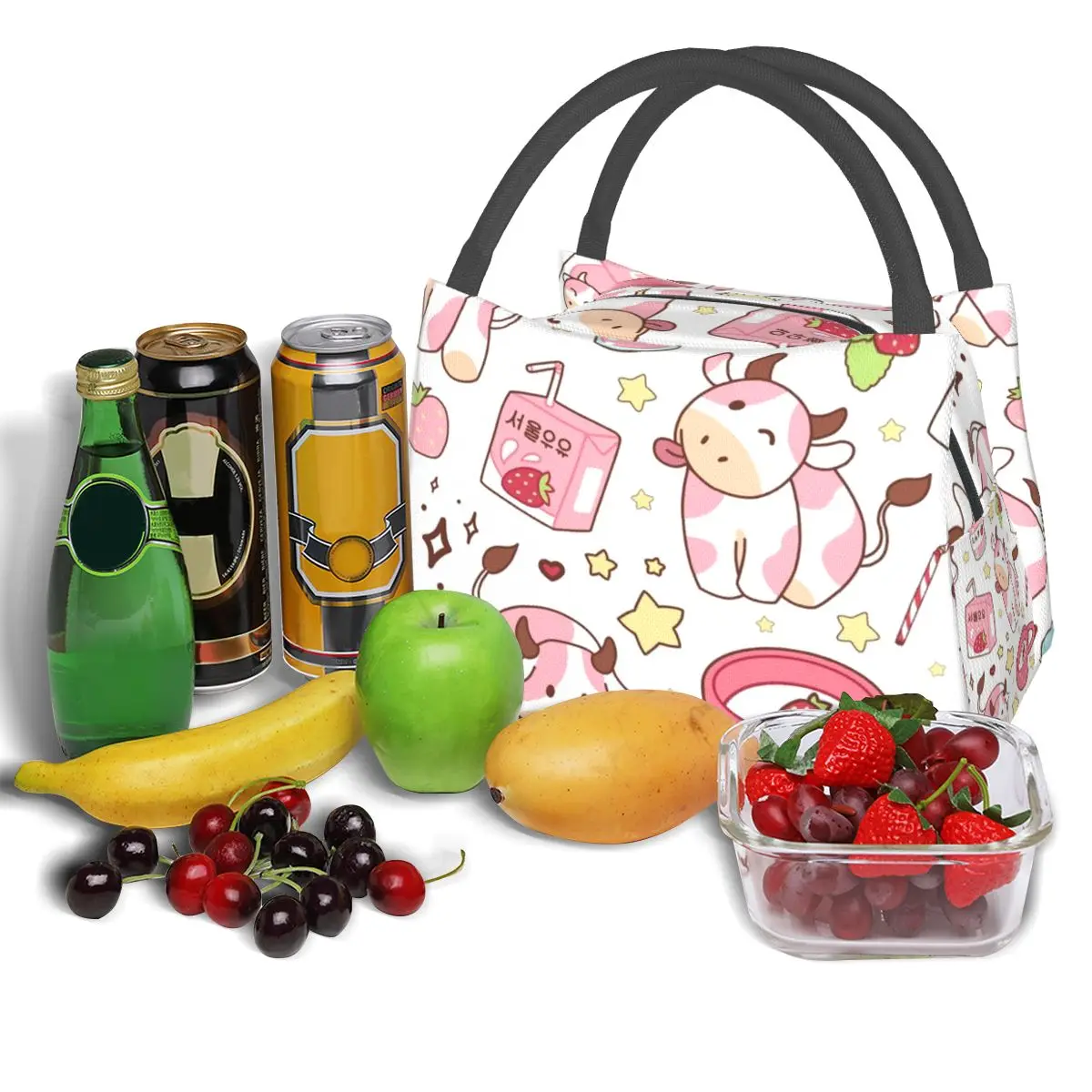 Aardbei Melk Roze Koreaanse Koe Kawaii Leuke Lunchtassen Bento Box Lunch Tote Picknickzakken Koeler Thermische Tas voor Vrouw Meisje School