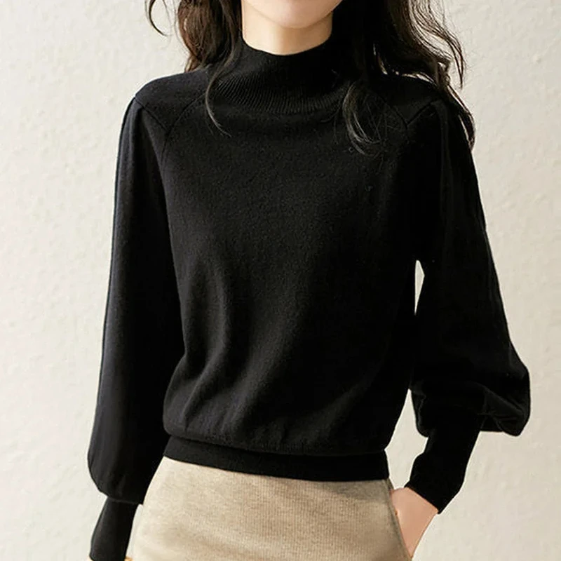 Autumn Winter Sweater Turtleneck Slim Fit Basic Pullovers Fashion Korean Knit Tops Puff Sleeve Womens Sweater Stretch Jumpers