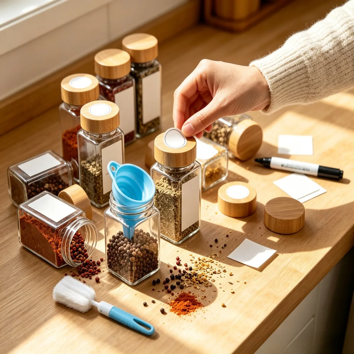 12Pcs Glass Spice Jars with Bamboo Lids 4Oz Minimalist Farmhouse Labels Stickers Collapsible Funnel Sponge Brush Kitchen Storage