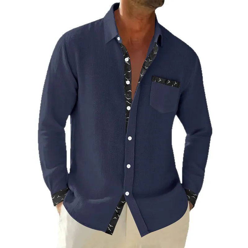 

New Early Autumn Loose Linen Men's Simple Casual Hawaiian Lapel Long Sleeve Shirt Versatile Top