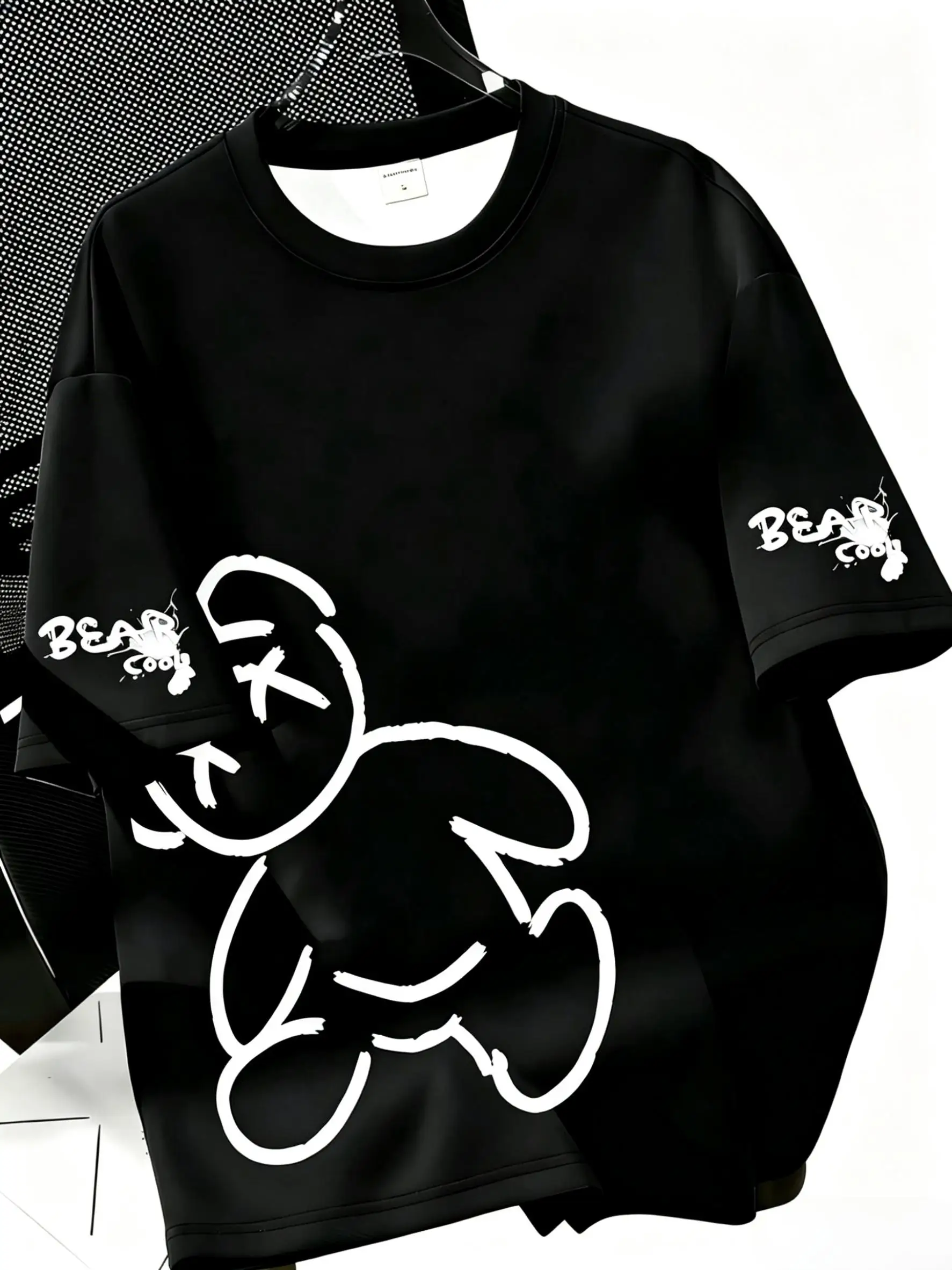 European and American men's summer personalized teddy bear print micro elastic breathable round neck T-shirt outdoor casual top