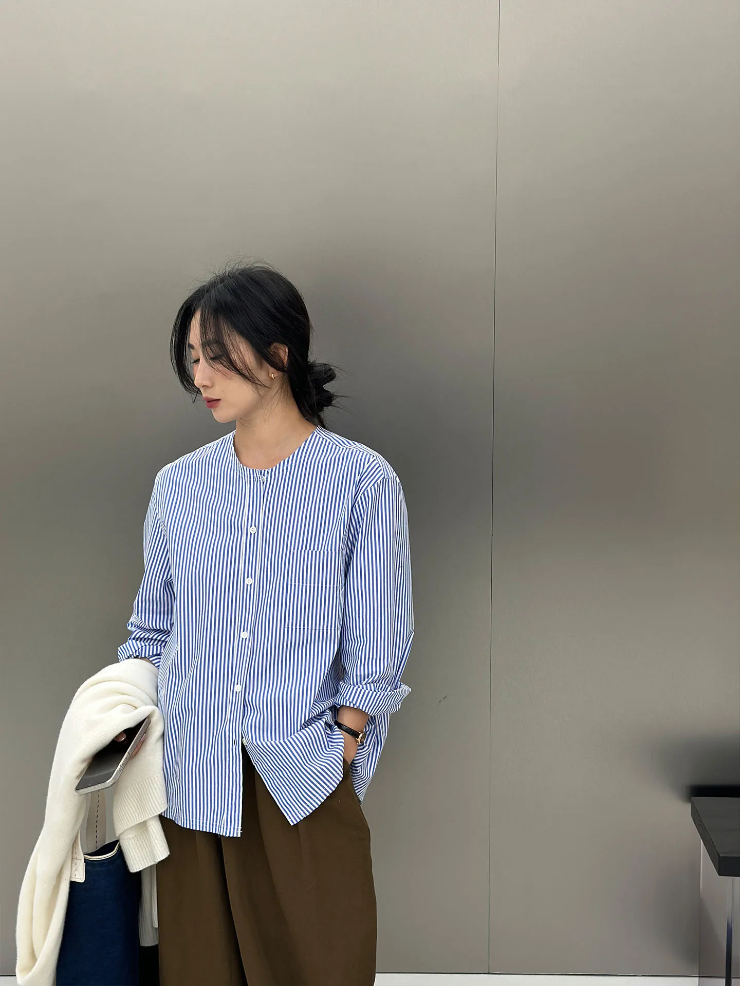 

Blue White Striped Color Blo Cotton irt Women's Loose Fit Casual Sle Spring 2026 Breathable Long Sve round Ne Open...