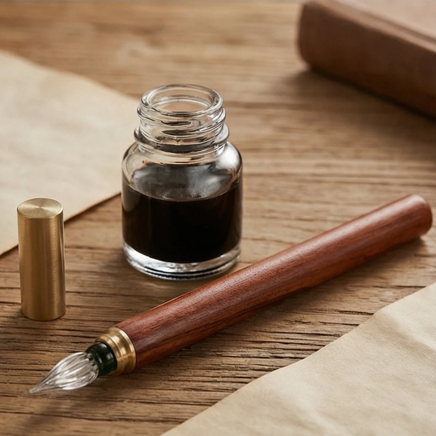 Vintage Dipping Pen Set Glass Nib Metal Pen Cap Art Painting Supplies Filling Ink Signature Calligraphy Fountain Pen
