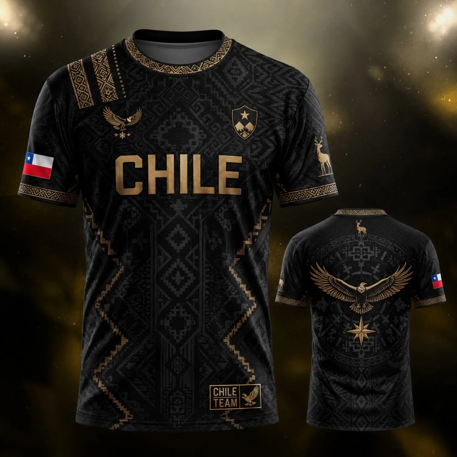 Mens Crew Neck Tee Shirt Chile Black Gold Eagle Mountain Graphic Short Sleeves Casual Street Outdoor Team Style Top Wear Tee New