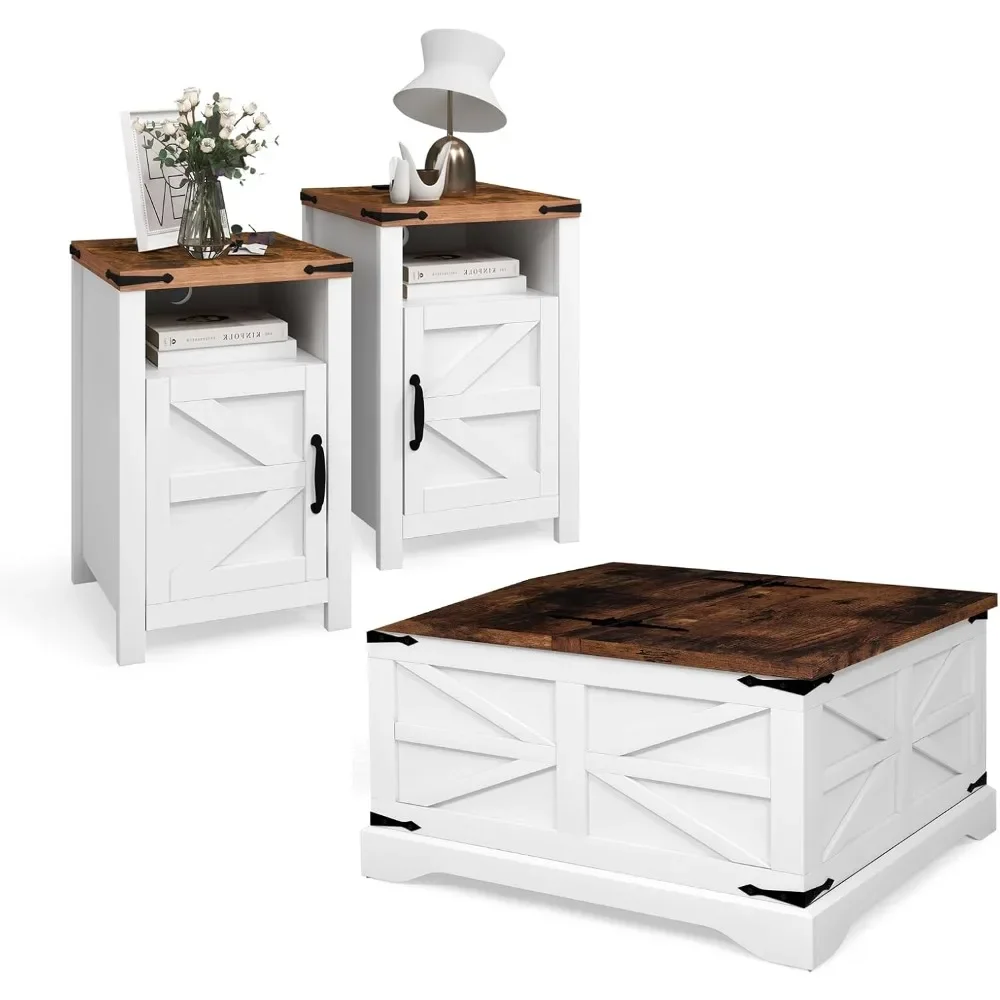 3-Piece Farmhouse Table Set Includes 31” Coffee Table and Side Tables with Storage Space, Retro Tables for Living Room