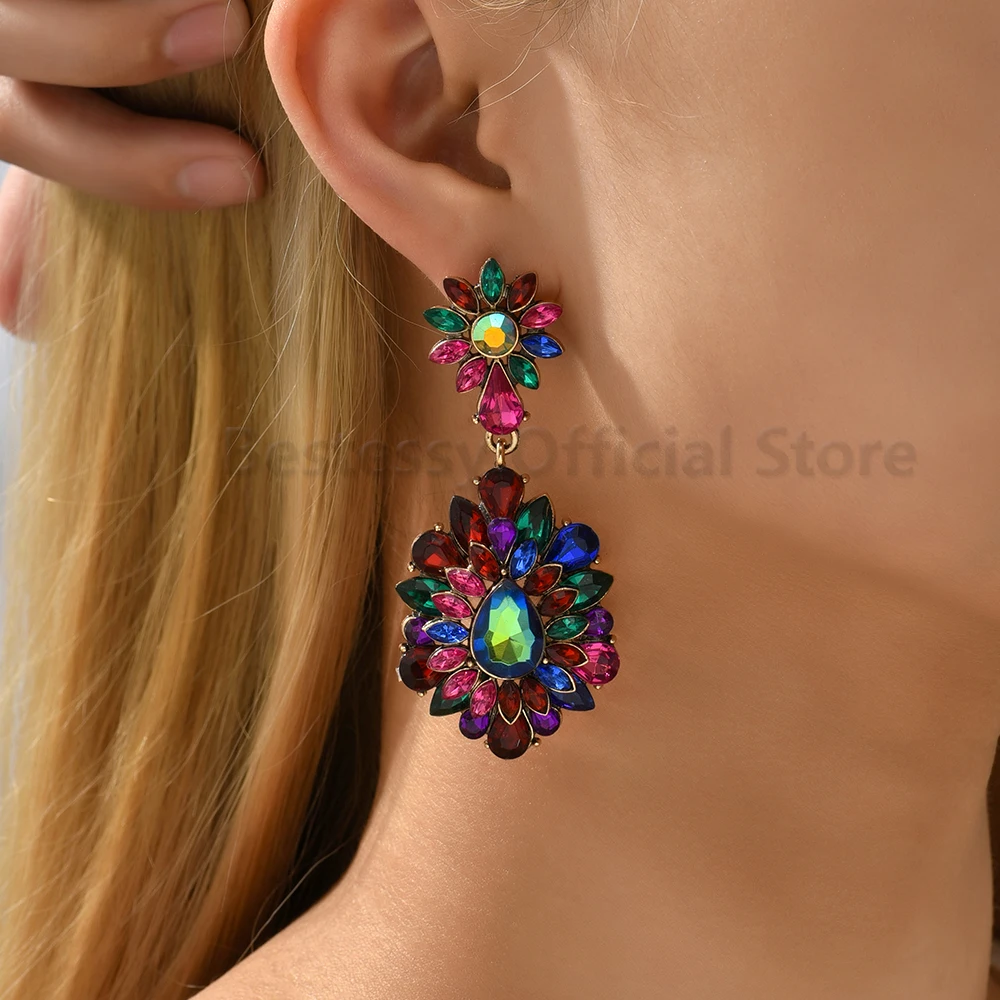 Colorful Rhinestone Big Dangle Earrings For Women New Vintage Geometric Elegant Party Wedding Luxury Jewelry Piercing Pendientes