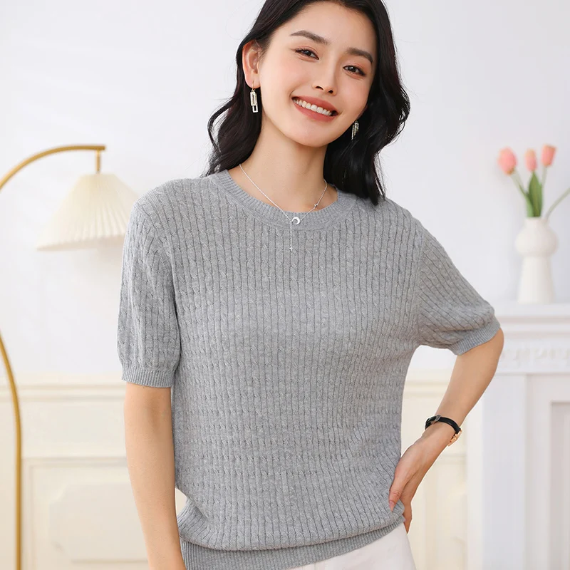 

Women's 100% Cotton Short Sleeve O-Neck T-Shirt Twisted Flower Solid Color Knitted European Fashion Top Pure Cotton Summer Wear