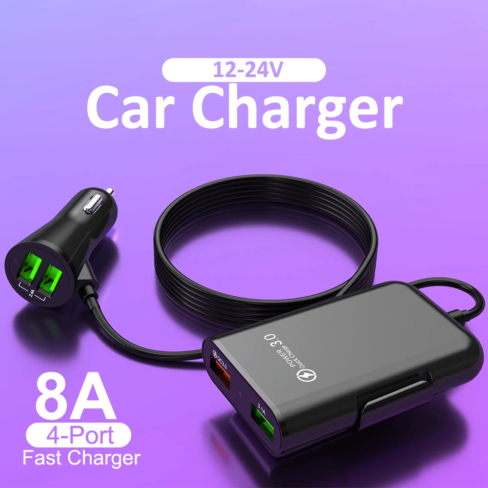 

Универсальное 4-портовое автомобильное зарядное устройство USB на переднем сиденье, заднее сиденье QC3.0, USB-адаптер для быстрой зарядки для автомобильного зарядного устройства, быстрое зарядное устройство USB