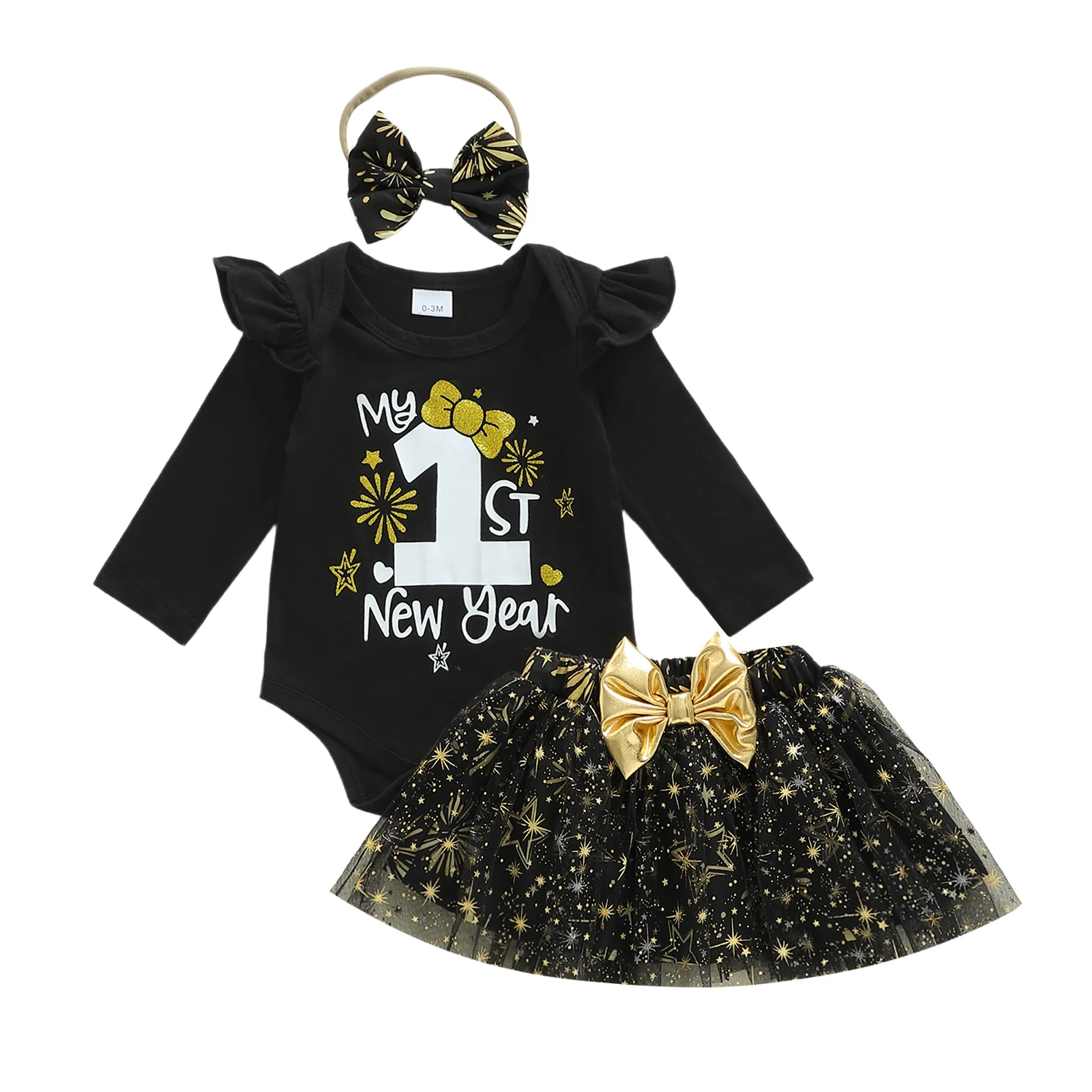 طفلة السنة الجديدة الزي طويلة الأكمام رومبير الألعاب النارية طباعة تول تنورة عقال مجموعة ملابس الوليد