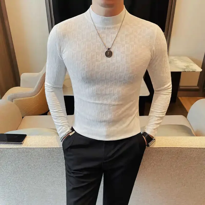 Printed Semi Turtleneck Elastic T-shirt For Men Clothing Autumn New Long Sleeves Jacquard Tight-Fitting Solid Color Slim-fit Tee