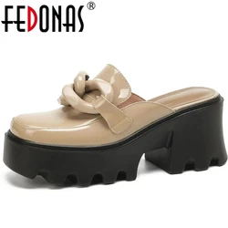 FEDONAS Women Sandals Summer Fashion New Chain Mules Chunk High Heels Platform Slippers Genuine Leather Pumps Casual Shoes Woman