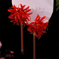 1pcs Handmade Red Lycoris Radiata Flower Hairpin Tassel Hair Clip Wedding Bridal Hanfu Accessory Women Cheongsam Retro Headdress