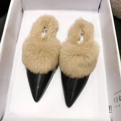 Fashion Winter Plush Women Mules Slippers Slip on Warm Woman Slipper Faux Fur Flat Shoes Pointed Toe Female Ladies Shoes