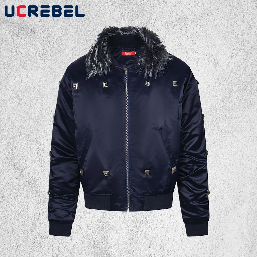 Solid Color Spliced Quilted Jacket Mens with Rivets Winter Retro High Street Long Sleeve Fur Collar Padded Jacket Man