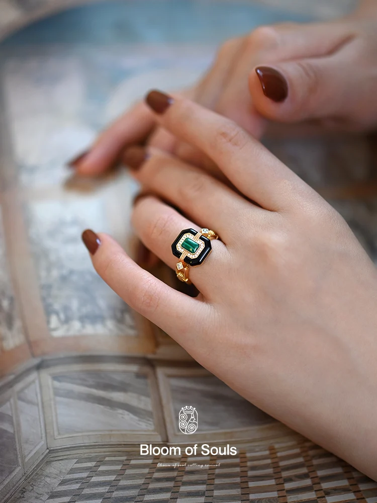 

“The Other Side of the Oasis" Original Design Natural Malachite Onyx French Vintage S925 Sterling Silver Ring