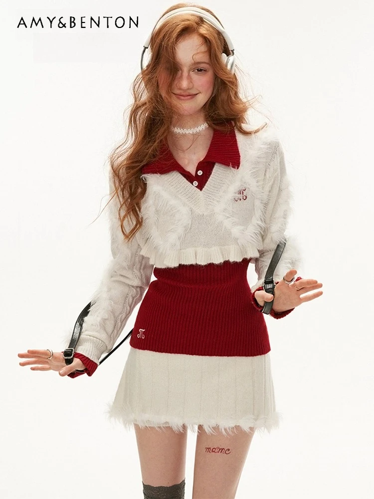 

Autumn Winter New Hot Sale College Style Turn-Down Collar Long Sleeve Sweater Layered with Short Skirt Pants Three-Piece Set
