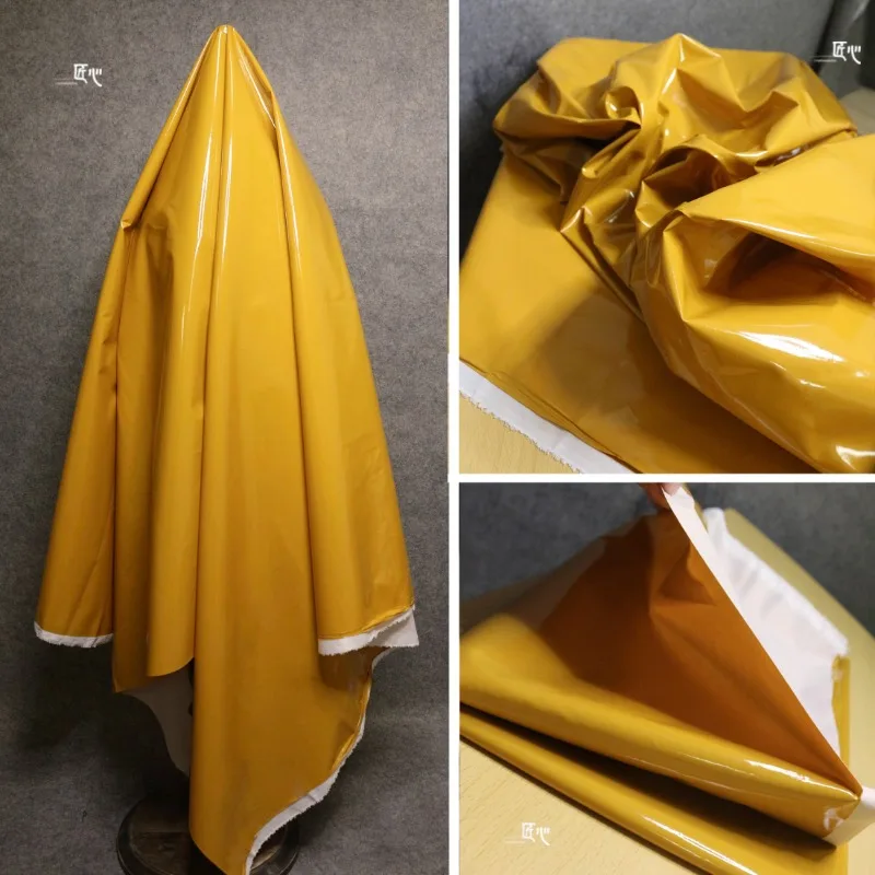 Coated Leather Fabric Yellow Reflective Mirror Firm Waterproof Windbreaker Clothing Designer Cloth Diy Sewing Meters Material