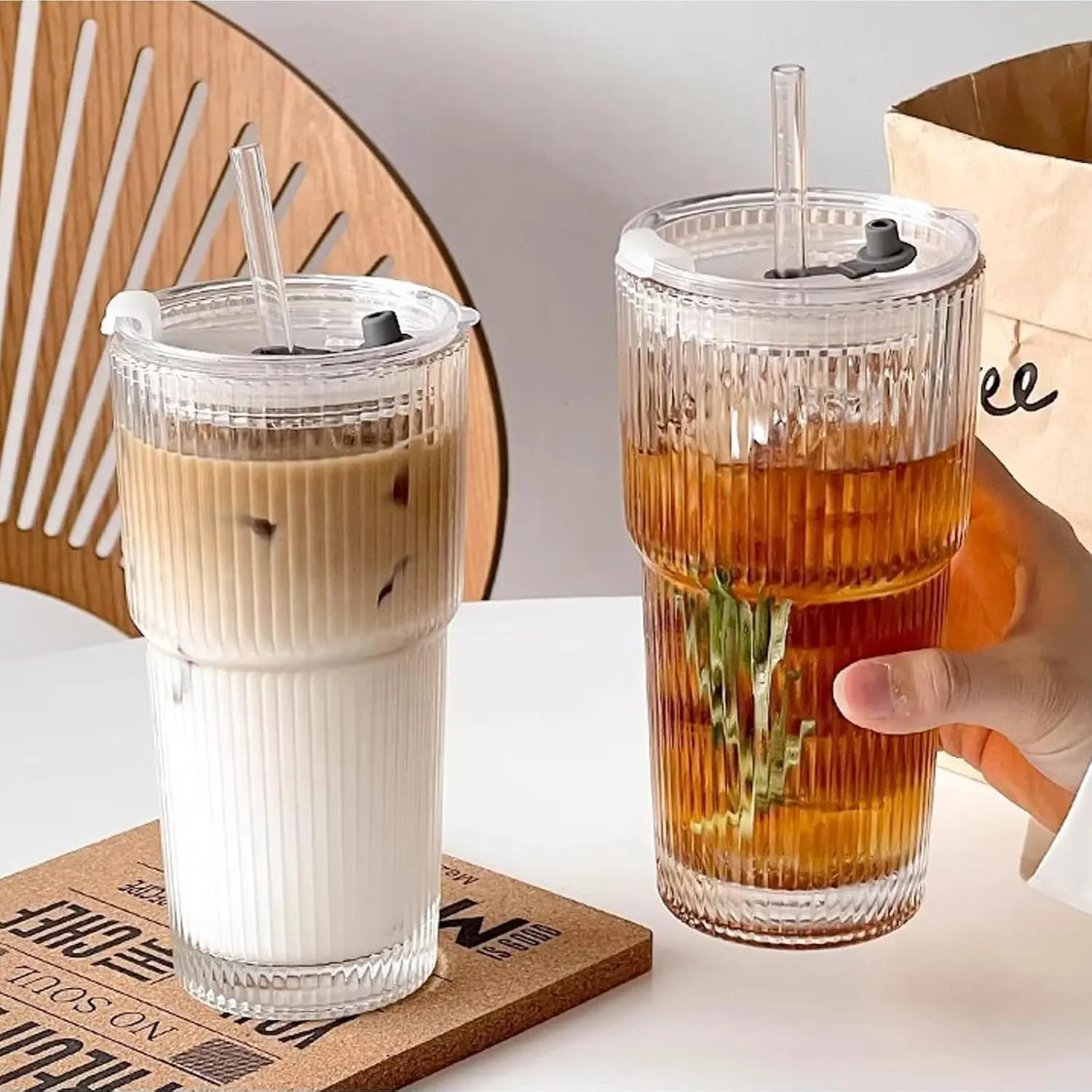 Modern Ribbed Glass Tumbler 20oz, Complete Set with Lid, Glass Straw & Brush, Spill-Resistant Design, for Office & Travel view 5