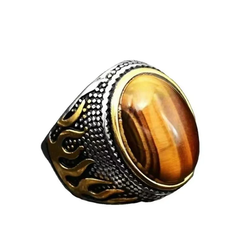 Men's Flame Tiger Eye Ring | Titanium Steel Gold Plated Retro Carving Design | Banquet Light Luxury Accessories | Size 7-13