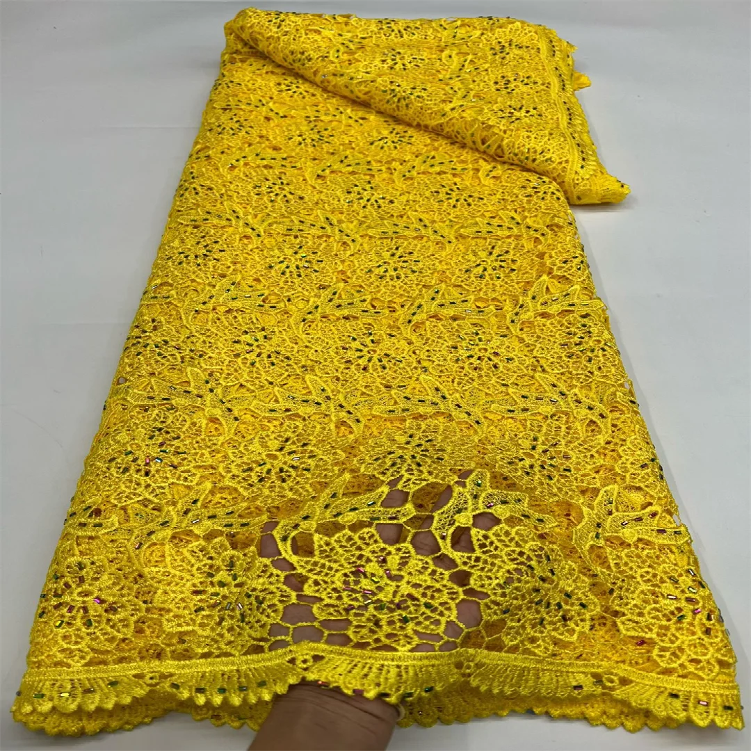 

African Nigerian 2025 High Quality Embroidery STONES Lace Fabric Wedding Party Dress Guipure Water Soluble SequinsSewing