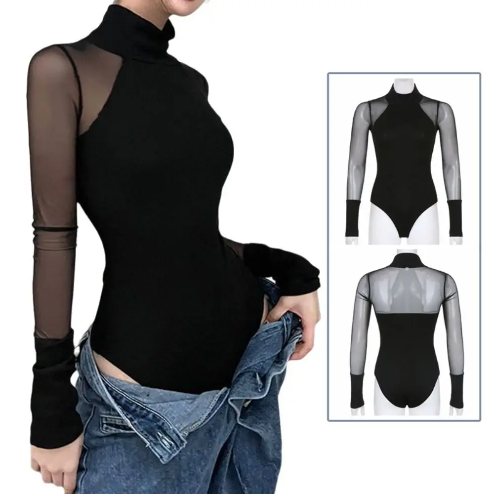 INS High Collar Long Sleeve Jumpsuit Translucent Slim Fit Lace Bottoming Shirt Female Clothes All-match Romper Shorts Female