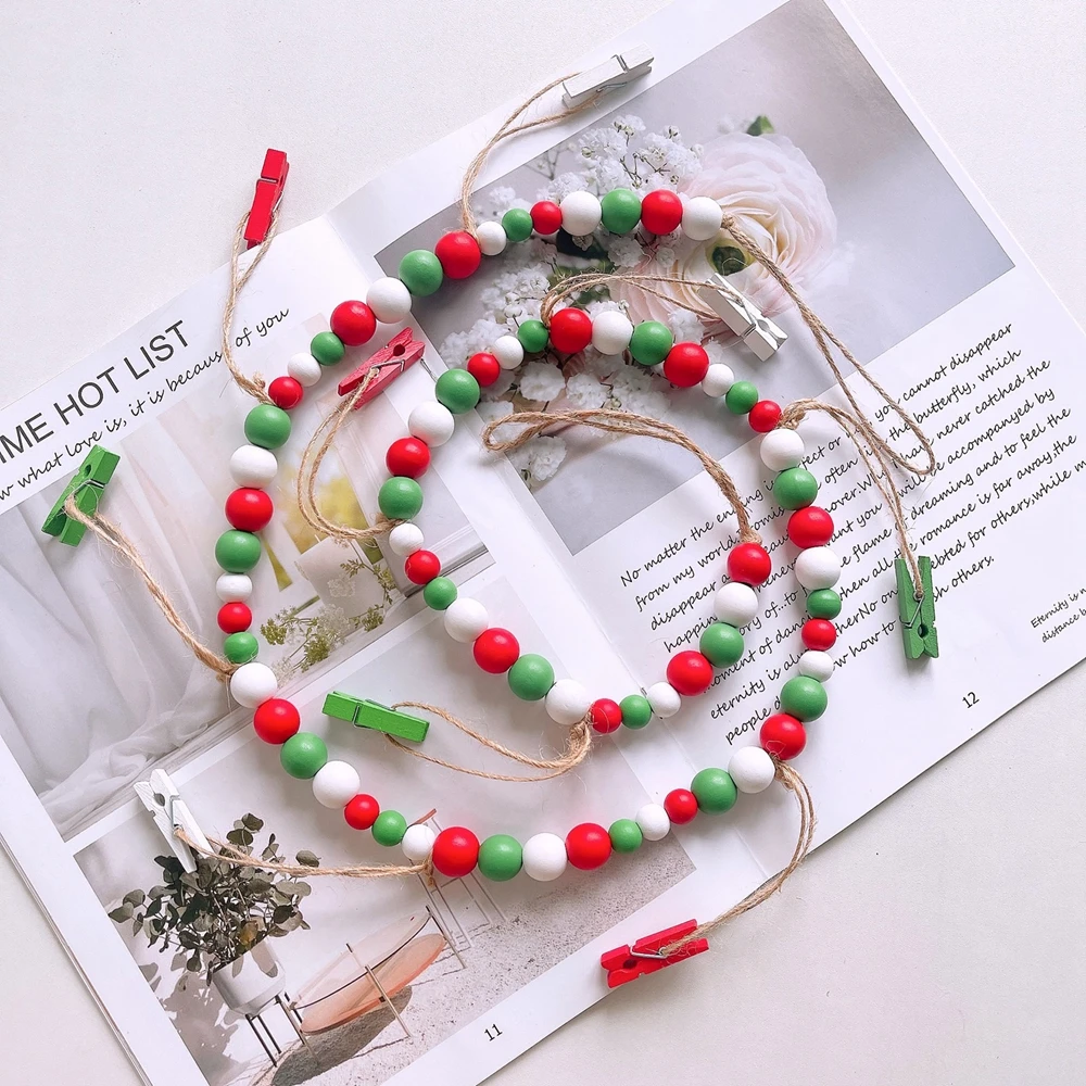 Wall Hanging Photo Display with Wooden Beads Garland For Home Party Wedding Anniversary Photo Memory Collection String Ropes