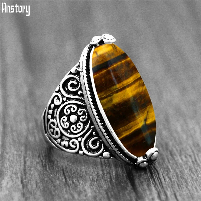 Irregular Natural Tiger Eye Rings Flower Band Stone Ring For Women Antique Silver Plated Fashion Jewelry TR665