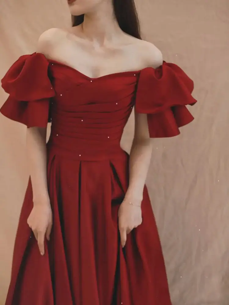 Burgundy Evening Party Dresses 2025 New Elegant Long Off Shoulder Beads Prom Dress Retro A-Line Maxi Dress Vestidos De Festa