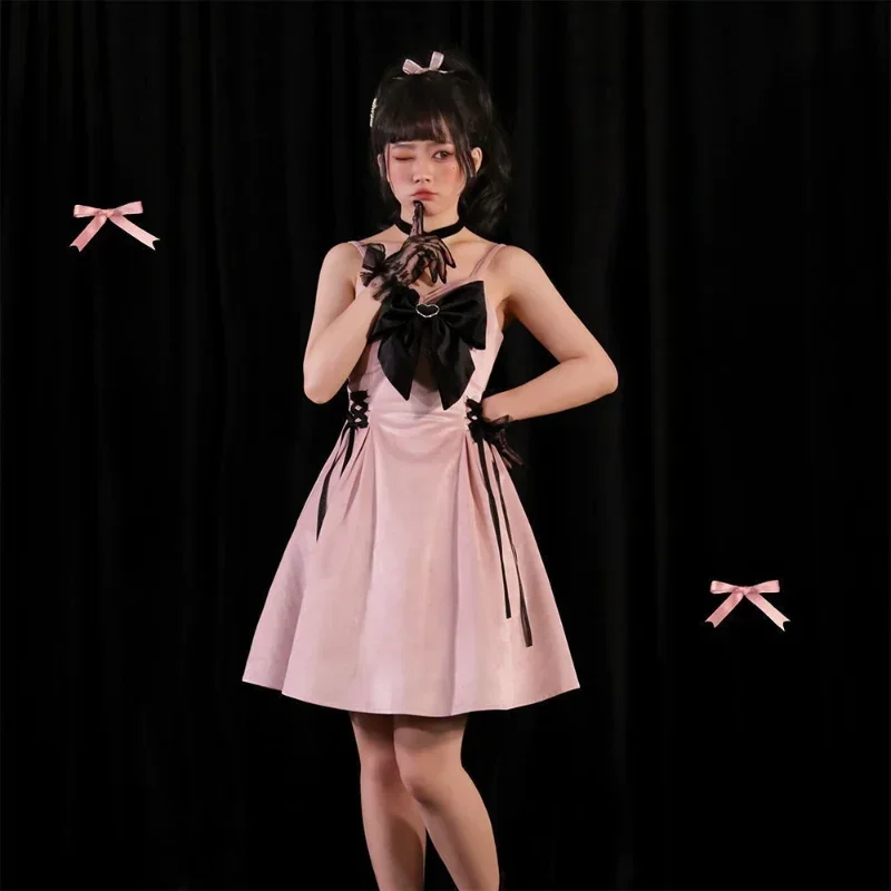 

Pink Lolita Dress Kawaii Bow Bandage Slip Dresses Women Goth Black Sexy Sleeveless Y2k Female Robe Sweet Cosplay Outfit