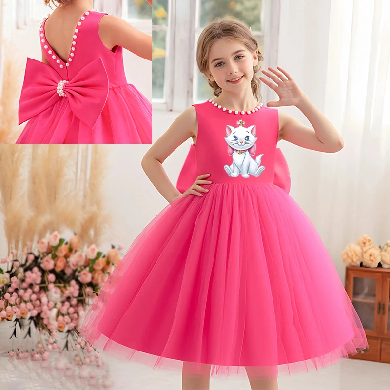 

Marie Cat Princess Girl Bow Dress Kids Tulle Wedding Guest Party Birthday Pearls Elegant Bridesmaid Pageant Prom Ball Gown Gift