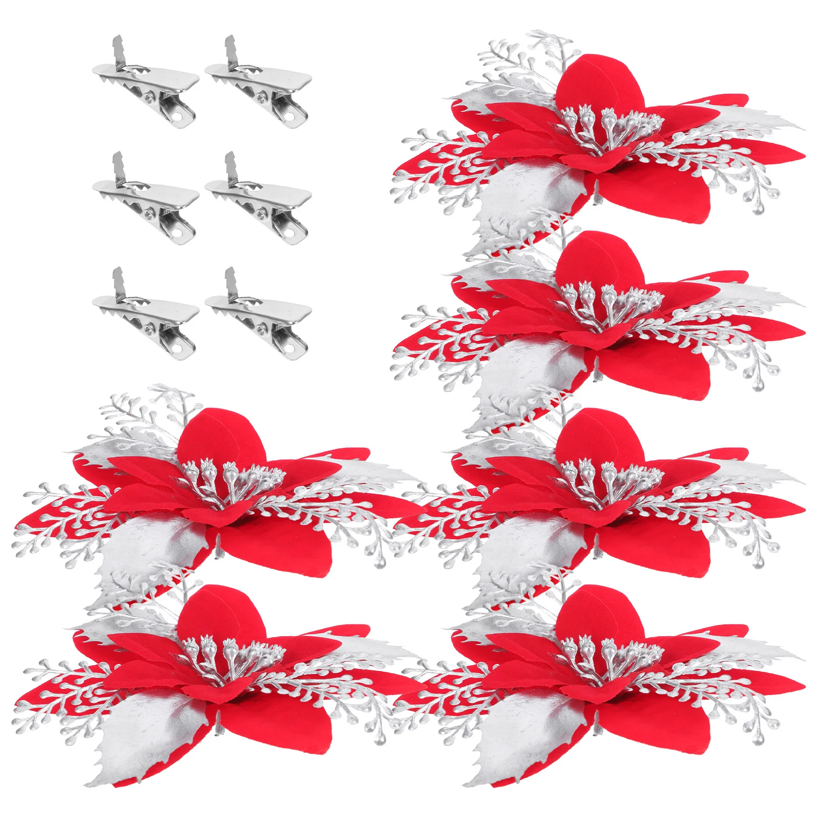 

6Pcs Christmas Flower Decorations Artificial Poinsettia Realistic Clip Cloth Floral Brooch Holiday Xmas Tree Wreath Decor