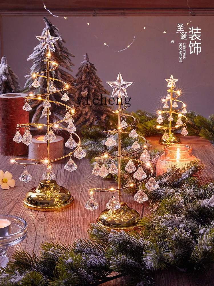 YY Electroplated Wrought Iron Tree LED Luminous Crystal Christmas Tree Crystal Table Ornaments Ornaments Night Light