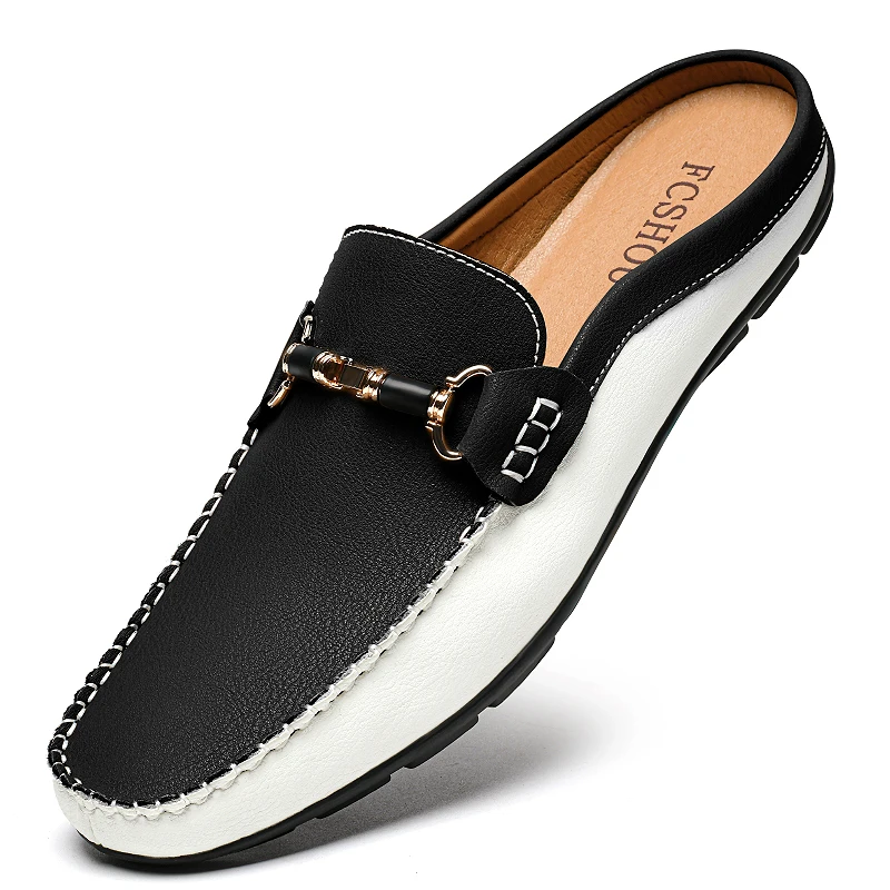 Men's Mules Leather Loafers Half Shoes Slip-Ons Backless Moccasins Casual Driving Shoes Flats Brown Black Italian Designers