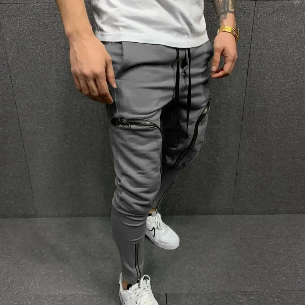 Men Pants Jogger Solid Color Drawstring Casual Multi Zippers Pockets Trousers Casual Sporty Sweatpants Elastic Waist Pants