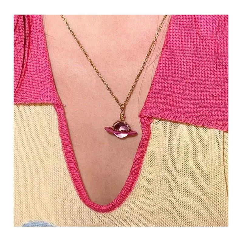 

New Three-dimensional Planet Dopamine Plum Crystal Ball Necklace Pink Earth Planet