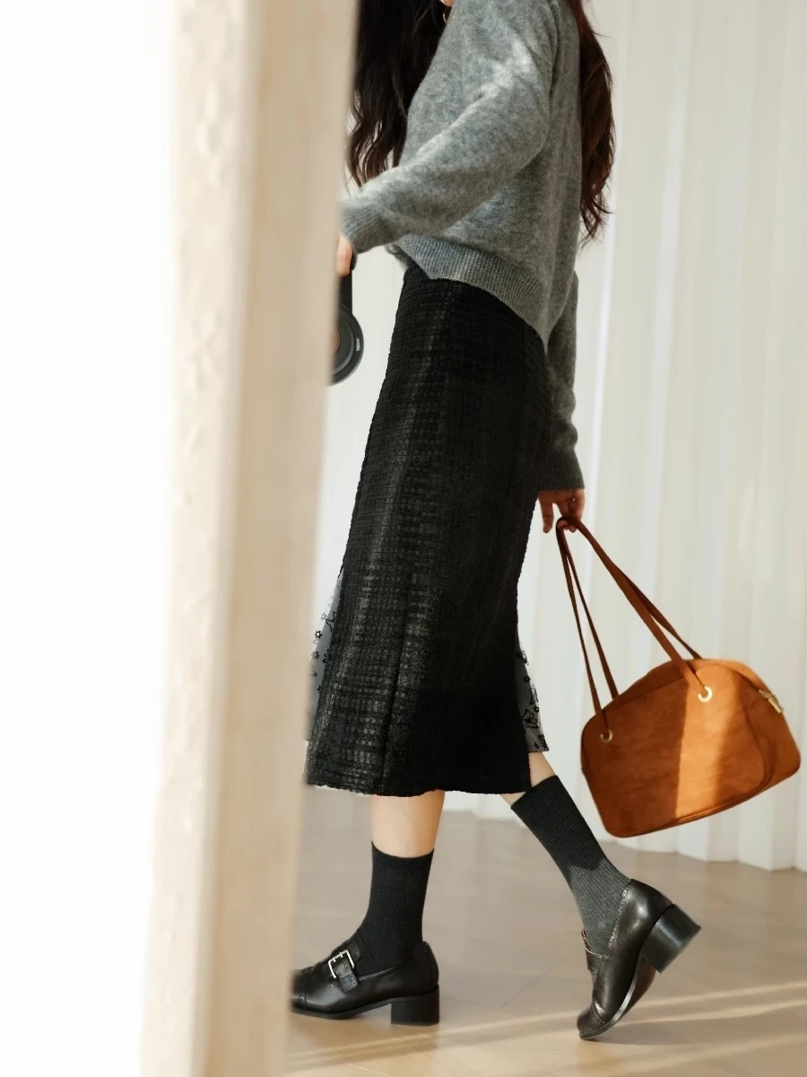 plus Size Vintage Tweed A-Line Skirt Women's Autumn Winter Slimming Fish Tail Skirt High Waist Midi Skirt for Plump Sister