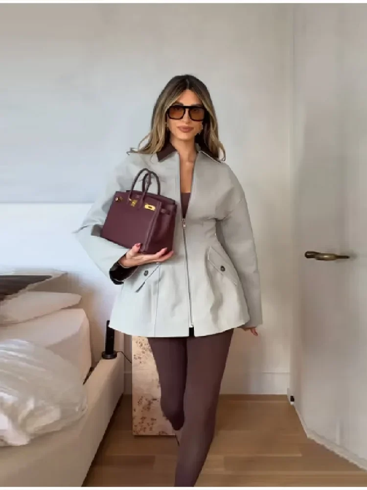 

Женская шикарная светло-серая куртка с высокой талией, повседневное пальто с воротником с лацканами и длинными рукавами на молнии, новый трендовый наряд, повседневная одежда для поездок на работу