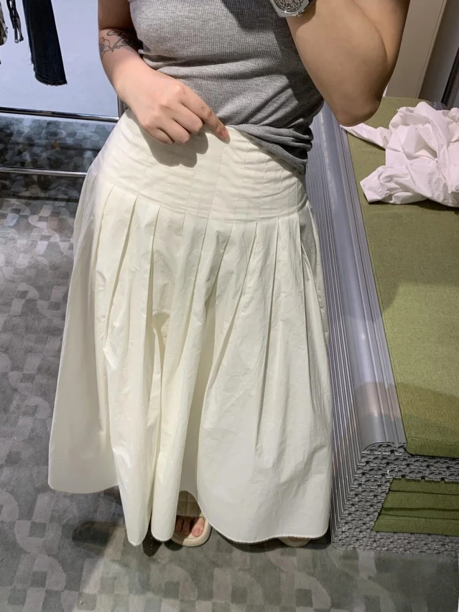 

Белая плиссированная юбка трапециевидной формы с высокой талией, женская весна-лето, маленький размер Ele Berkeley, длина, грушевидное тело, зонтик ape...