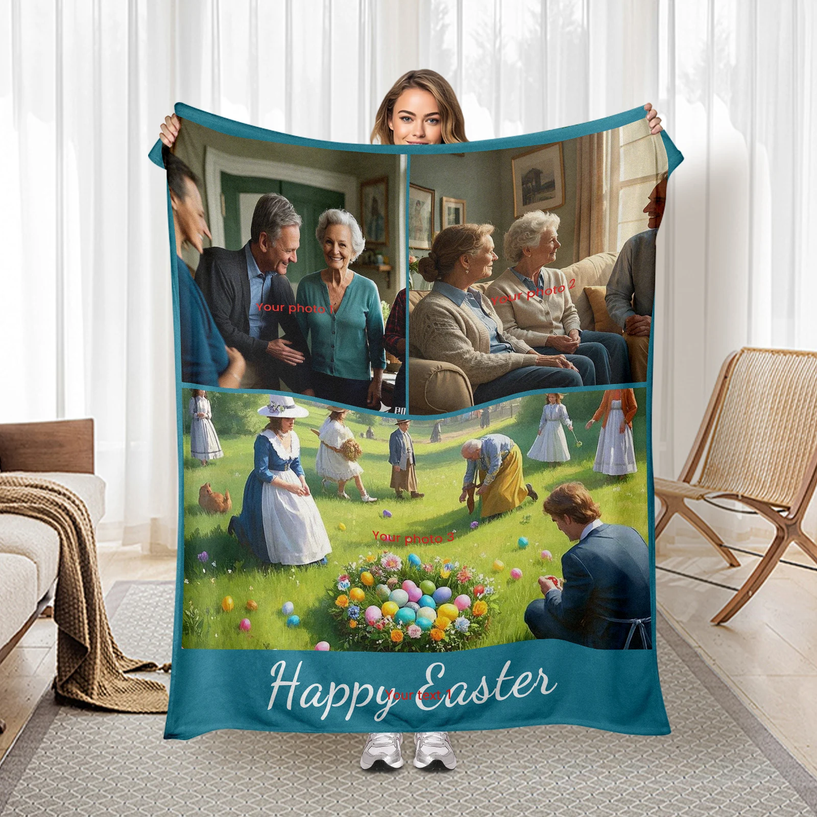 

Unique Easter Flannel Blanket Allowing Three Custom Images And One Personalized Text For Family And Friends