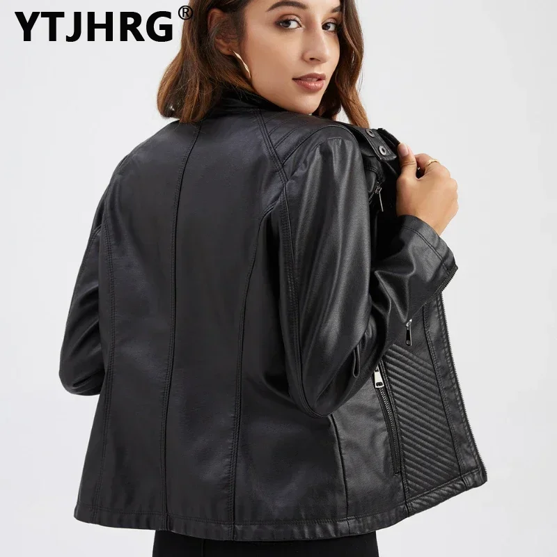 YTJHRG Women\'s Leather Jackets Female Clothing Coats 2023 New Autumn Winter Ladies Outwear Long Sleeve Motor Biker Tops Zipper