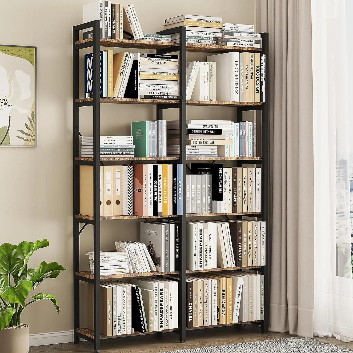 Oneinmil Bookshelf 6 Tier, 71.5'' Industrial Wooden Book Shelf With Metal Frame, Large Storage Rack With Open Shelves, Wood