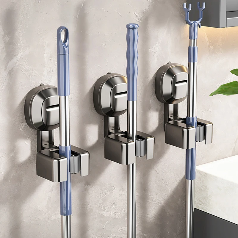 No-Punching Suction Cup Mop Clip Wall Mounted Mop Rack Broom Hook for Kitchen Toilet Bathroom Organization Cleaning Tool Holder