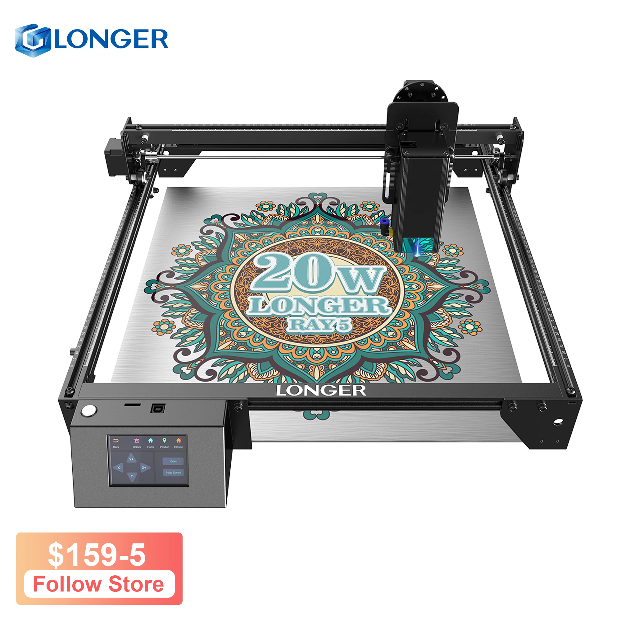 LONGER Ray5 20W Laser Engraver Engraving Cutting Machine 375x375mm Quick Focus Wifi Control Real Power 24W 3.5inch Touch Screen