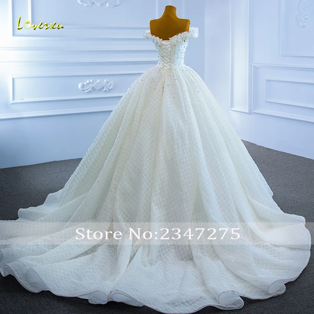 Loverxu-line suknie ślubne księżniczki Sweetheart Off The Shoulder Vestido De Novia koronkowa zroszony kryształowa suknia ślubna szyta na zamówienie