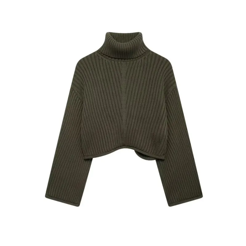 TRAF Ribbed Short Knit Pullovers For Women Autumn Knitwear High Collar Elastic Sweater Female Pullovers Short Pullovers